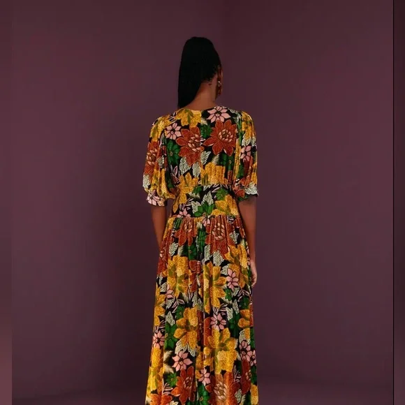 NWT $345 Farm Rio Garden Velvet Long Sleeve Midi Dress